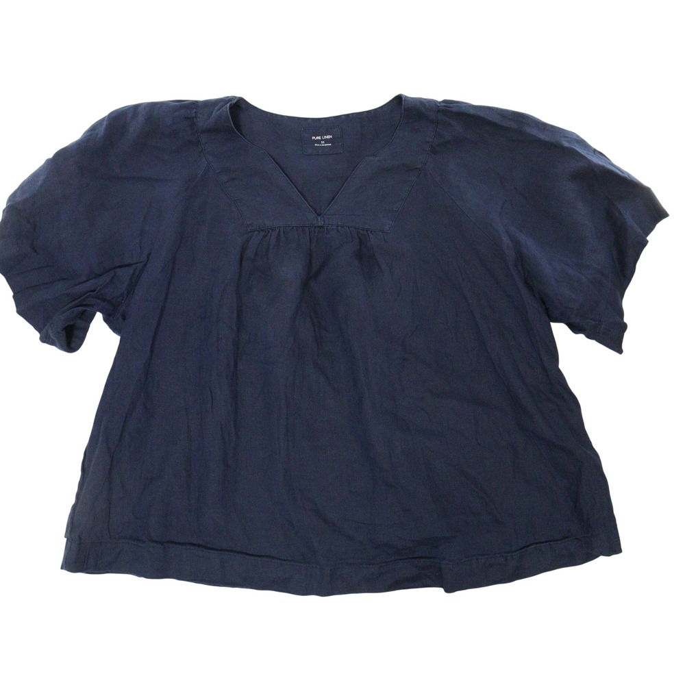 M&S Marks Spencer Boxy Top‎ Pure Linen Boho Peasant Navy Blue Women 18